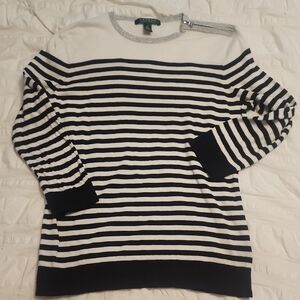 Ralph Lauren Womans Black/White Striped Lightweight Sweater W/ Shoulder Zipper